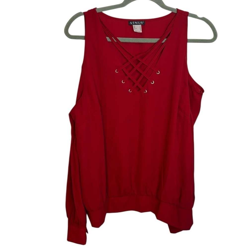 VENUS Red Lace Up Cold Shoulder Blouse